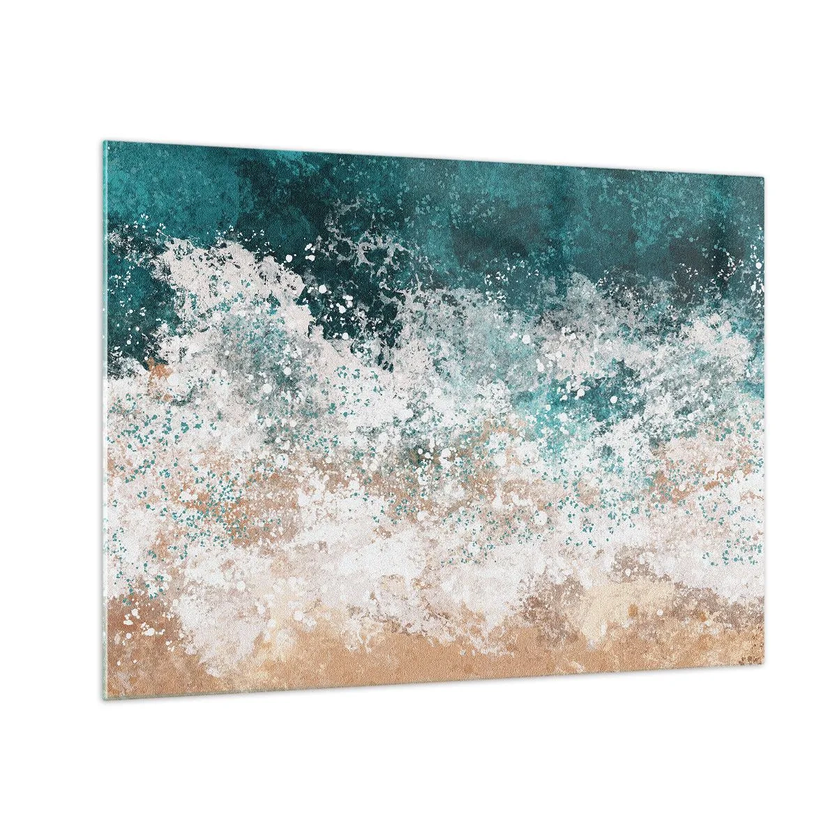 Schilderen op glas - Abstracte zeegolf in tinten turquoise, wit en zandbeige - 70x50cm - Zeeverhalen - Moderne wanddecoratie voor woonkamer en slaapkamer ARTTOR