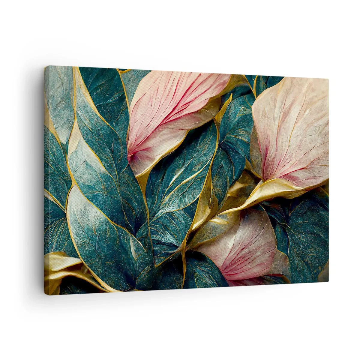 Schilderen op canvas - Elegante bladeren in groen, goud en roze - 70x50cm - Natuurlijke elegantie en stijl - Moderne wanddecoratie voor woonkamer en slaapkamer ARTTOR