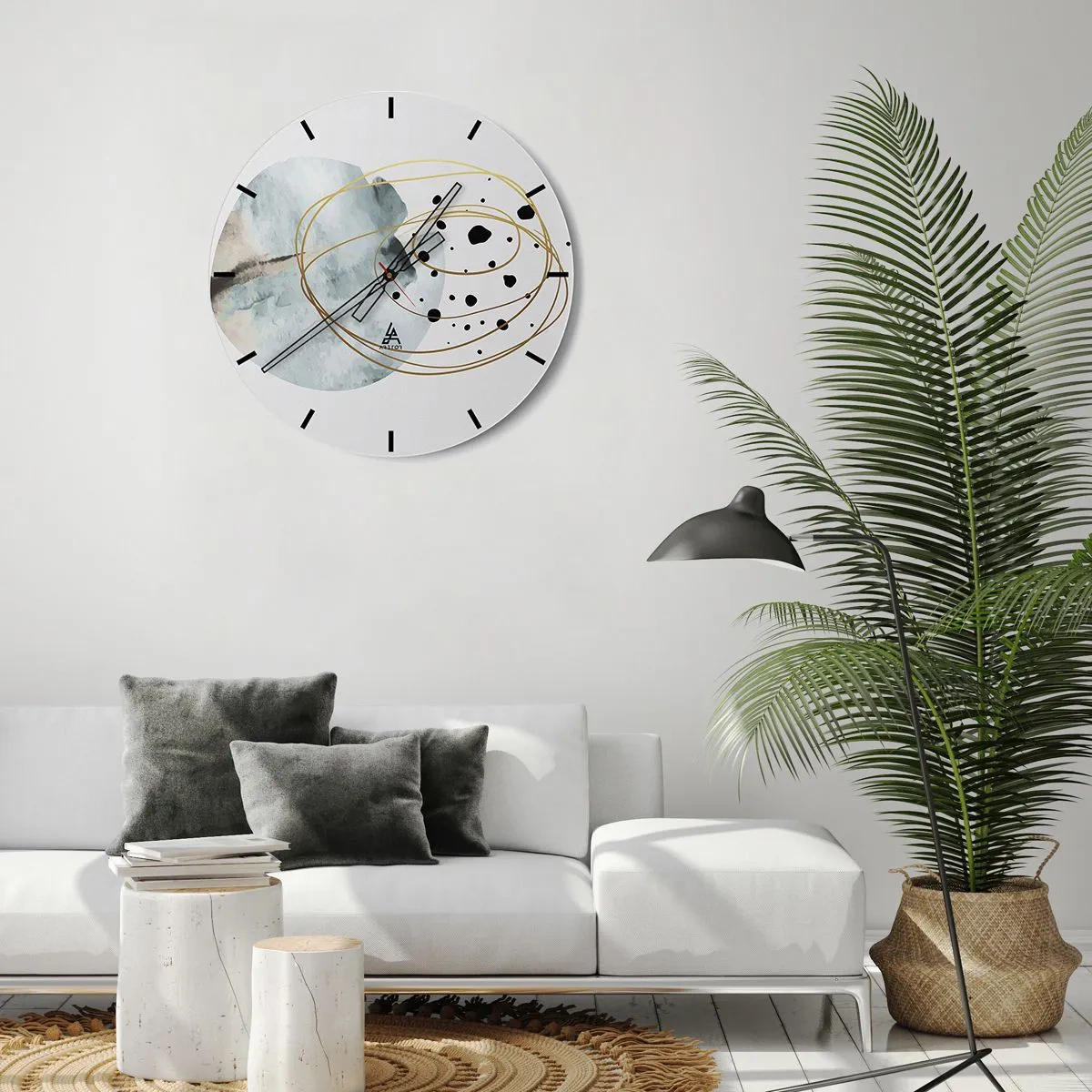 Wandklok - Klok - Abstracte gouden lijnen en zwarte stippen op een lichte achtergrond - 30x30cm - Omarmd door de ruimte - Moderne wanddecoratie voor woonkamer, keuken en slaapkamer ARTTOR