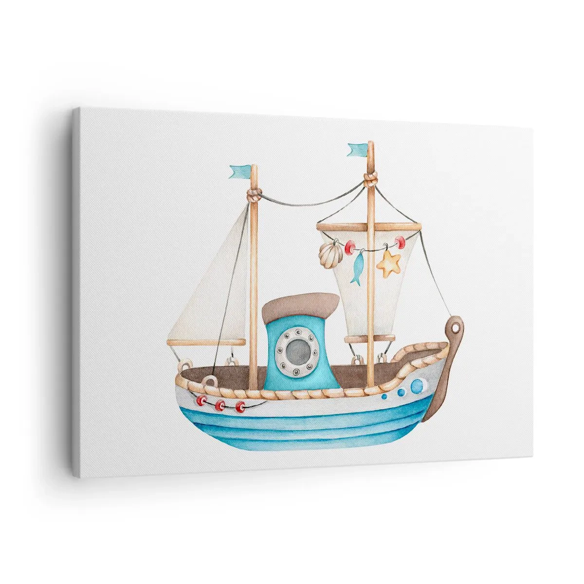 Schilderen op canvas - Illustratie van een schip in pastelkleuren op een witte achtergrond - 70x50cm - Ahoi, avontuur! - Moderne wanddecoratie voor woonkamer en slaapkamer ARTTOR