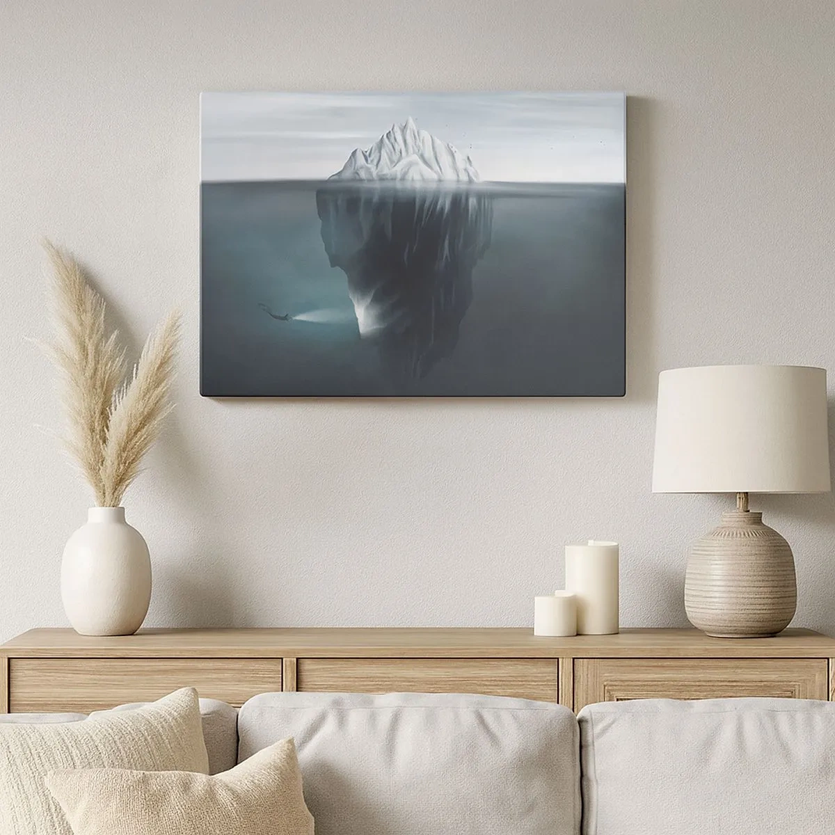 Schilderen op canvas - Een ijsberg in het water met een duiker en een zoeklicht onder het wateroppervlak. - 70x50cm - Onderwater mysterie - Moderne wanddecoratie voor woonkamer en slaapkamer ARTTOR