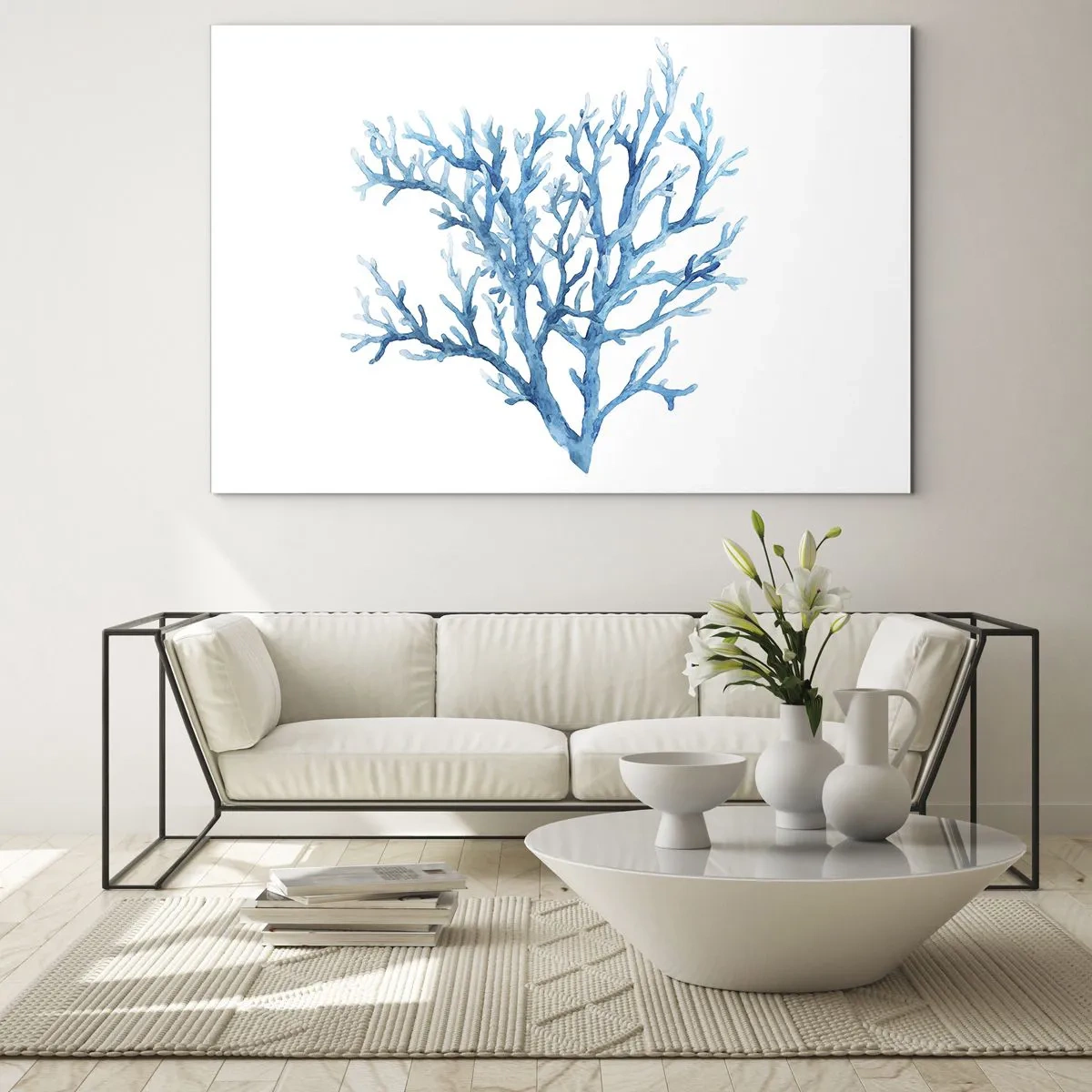 Schilderen op glas - Een delicate aquarel van blauw koraal - 70x50cm - Nautische filigraan - Moderne wanddecoratie voor woonkamer en slaapkamer ARTTOR