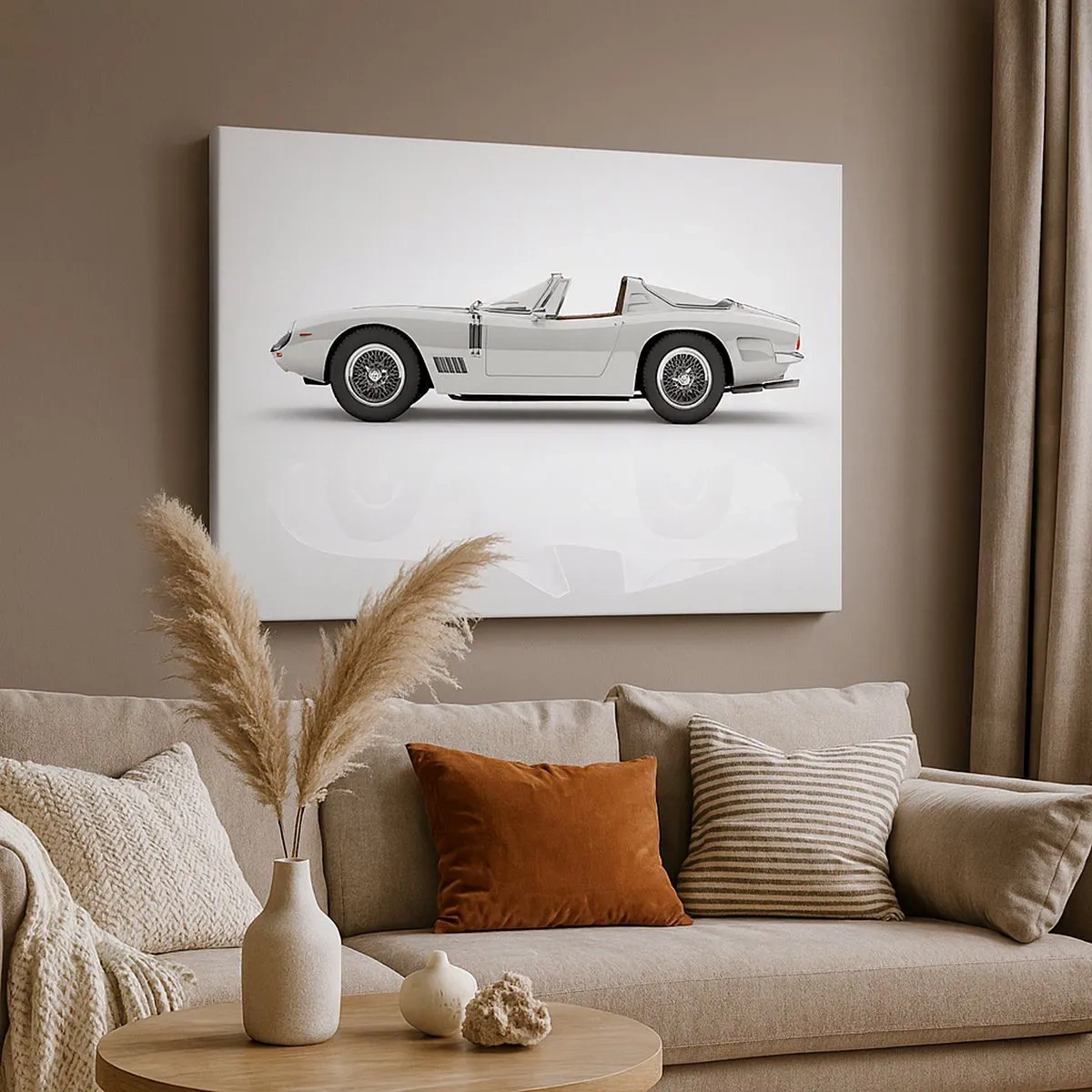 Schilderen op canvas - Klassieke witte cabriolet op een lichte achtergrond - 70x50cm - Belofte van plezier - Moderne wanddecoratie voor woonkamer en slaapkamer ARTTOR