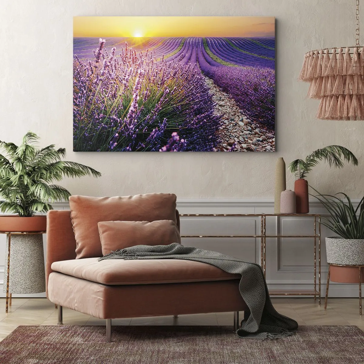 Schilderen op canvas - Lavendelveld bij zonsondergang - 70x50cm - Geurige korenvelden - Moderne wanddecoratie voor woonkamer en slaapkamer ARTTOR