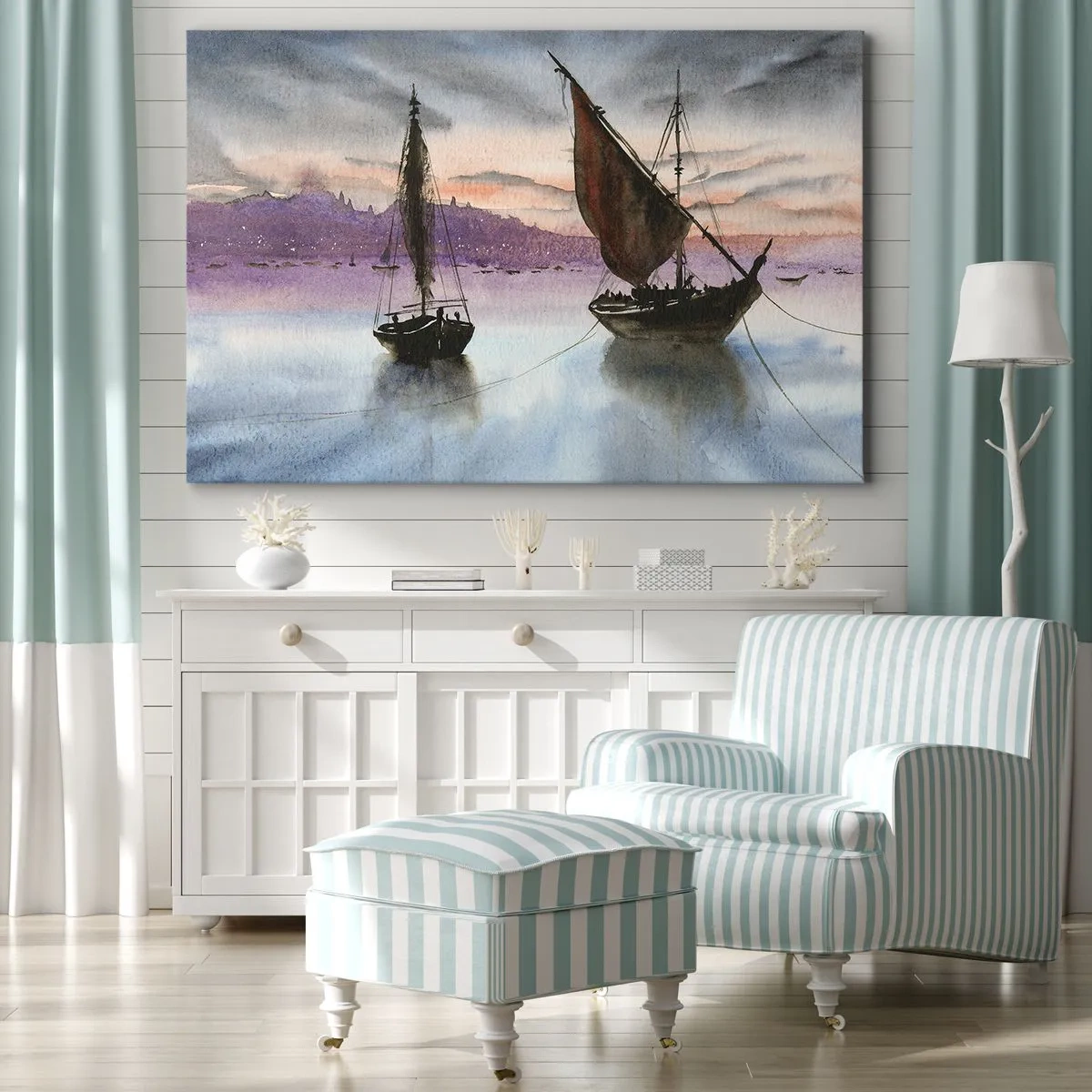 Schilderen op canvas - Twee zeilschepen aangemeerd op kalm water in de schemering - 70x50cm - Avond in de haven - Moderne wanddecoratie voor woonkamer en slaapkamer ARTTOR