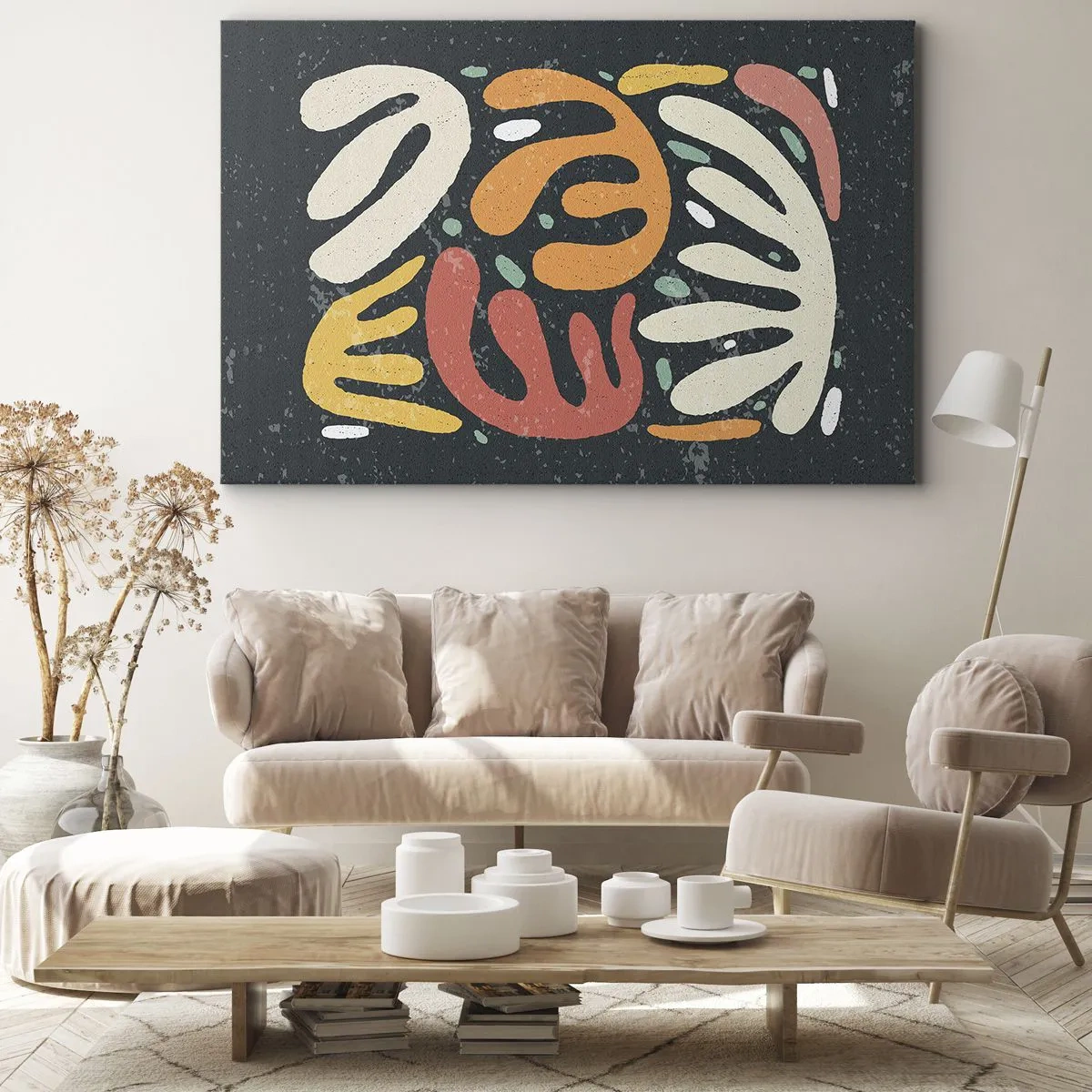 Schilderen op canvas - Abstracte vormen in warme kleuren op een donkere achtergrond - 70x50cm - Compositie – ik sta op het punt je te pakken te krijgen - Moderne wanddecoratie voor woonkamer en slaapkamer ARTTOR