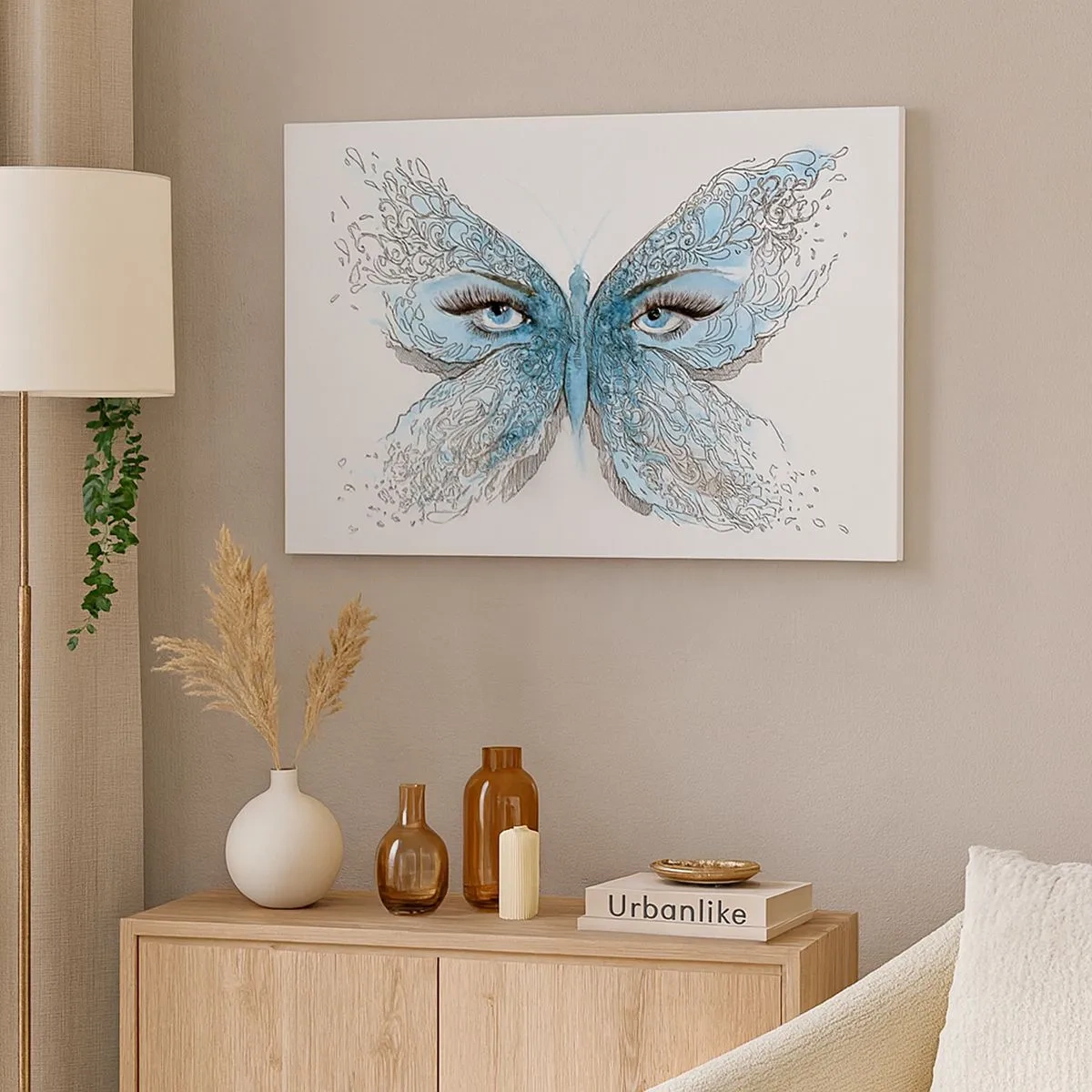 Schilderen op canvas - Artistieke aquarel van een vlinder met blauwe ogen - 70x50cm - Eros pimpelmees - Moderne wanddecoratie voor woonkamer en slaapkamer ARTTOR
