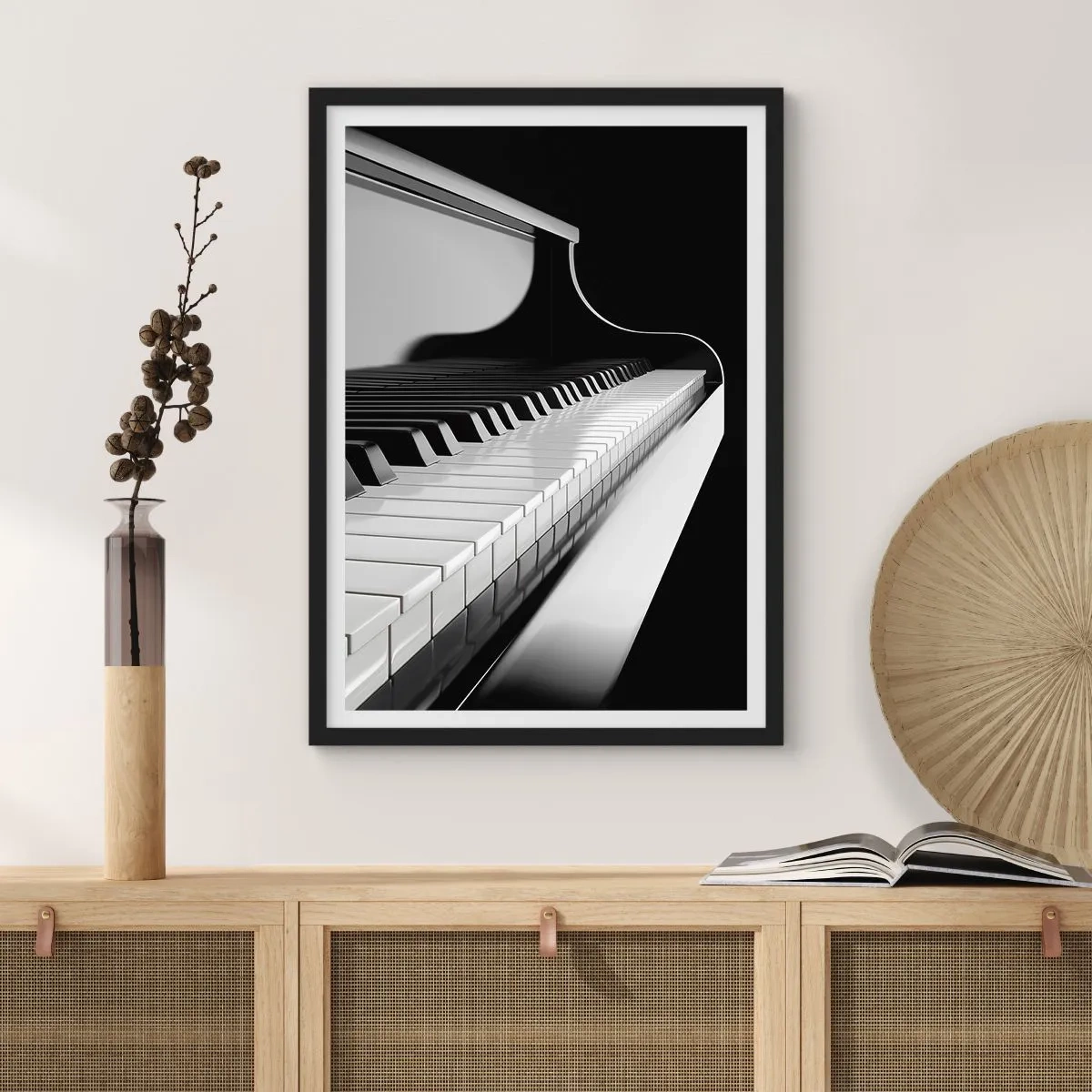 Poster in een zwarte lijst - Zwart-wit close-up van een pianoklavier - 50x70cm - Harmonie van vormen en kleuren - Moderne wanddecoratie voor woonkamer en slaapkamer ARTTOR