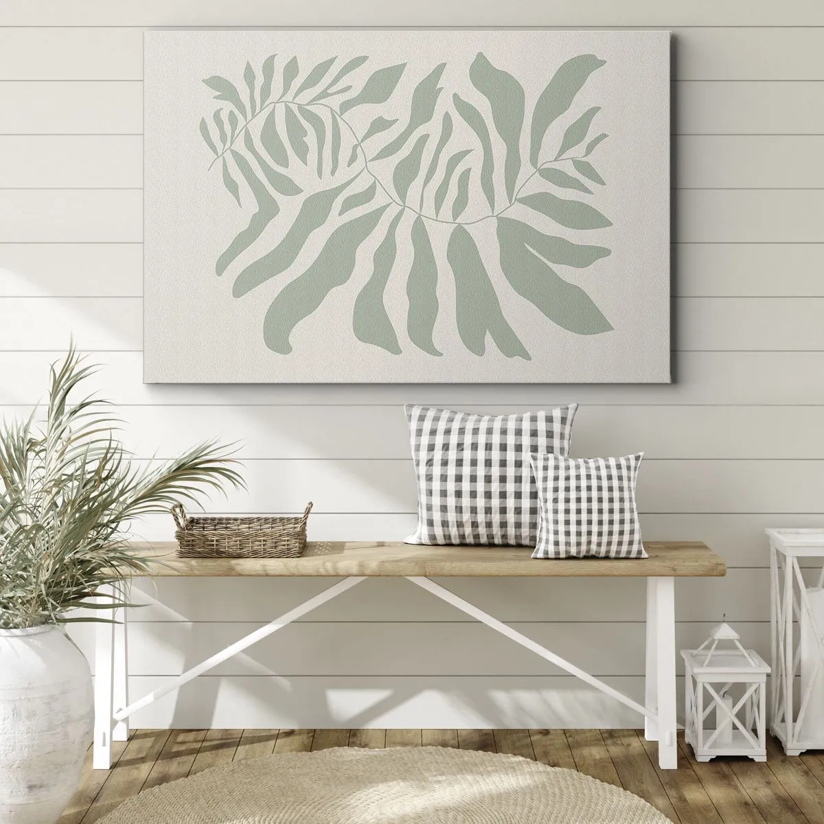 Schilderen op canvas - Een delicaat takjespatroon met bladeren in een smaragdgroene tint - 70x50cm - Smaragdgroene tak - Moderne wanddecoratie voor woonkamer en slaapkamer ARTTOR