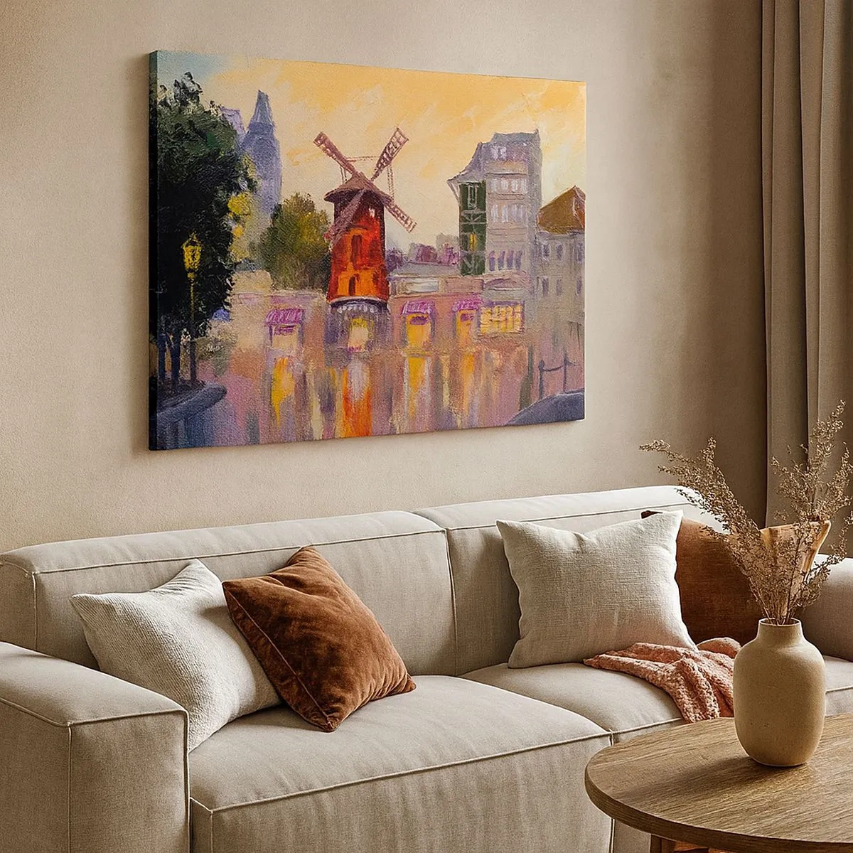 Schilderen op canvas - De rode molen van de Moulin Rouge omringd door het stadsbeeld - 70x50cm - Parijse iconen – Moulin Rouge - Moderne wanddecoratie voor woonkamer en slaapkamer ARTTOR