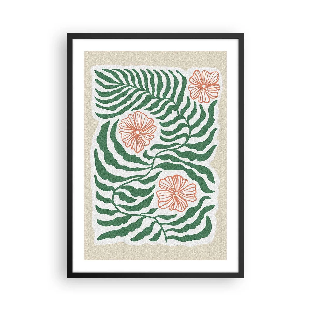 Poster in een zwarte lijst - Abstracte afbeelding van bladeren en bloemen op een beige achtergrond - 50x70cm - Bloeiend in het groen - Moderne wanddecoratie voor woonkamer en slaapkamer ARTTOR