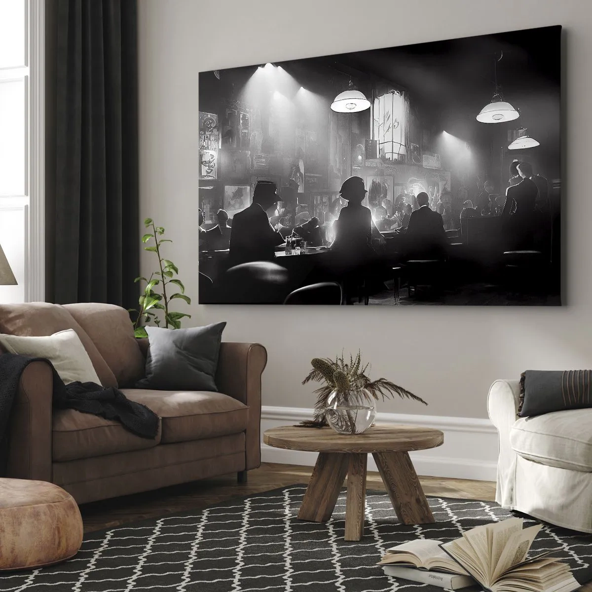 Schilderen op canvas - Zwart-witte jazznachtclubscène - 70x50cm - In jazz-sfeer - Moderne wanddecoratie voor woonkamer en slaapkamer ARTTOR