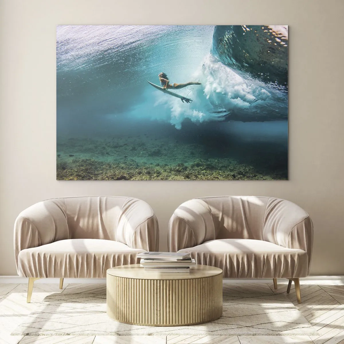Schilderen op glas - Surfer onder water tussen de golven met een surfplank - 70x50cm - Onderwaterwereld - Moderne wanddecoratie voor woonkamer en slaapkamer ARTTOR