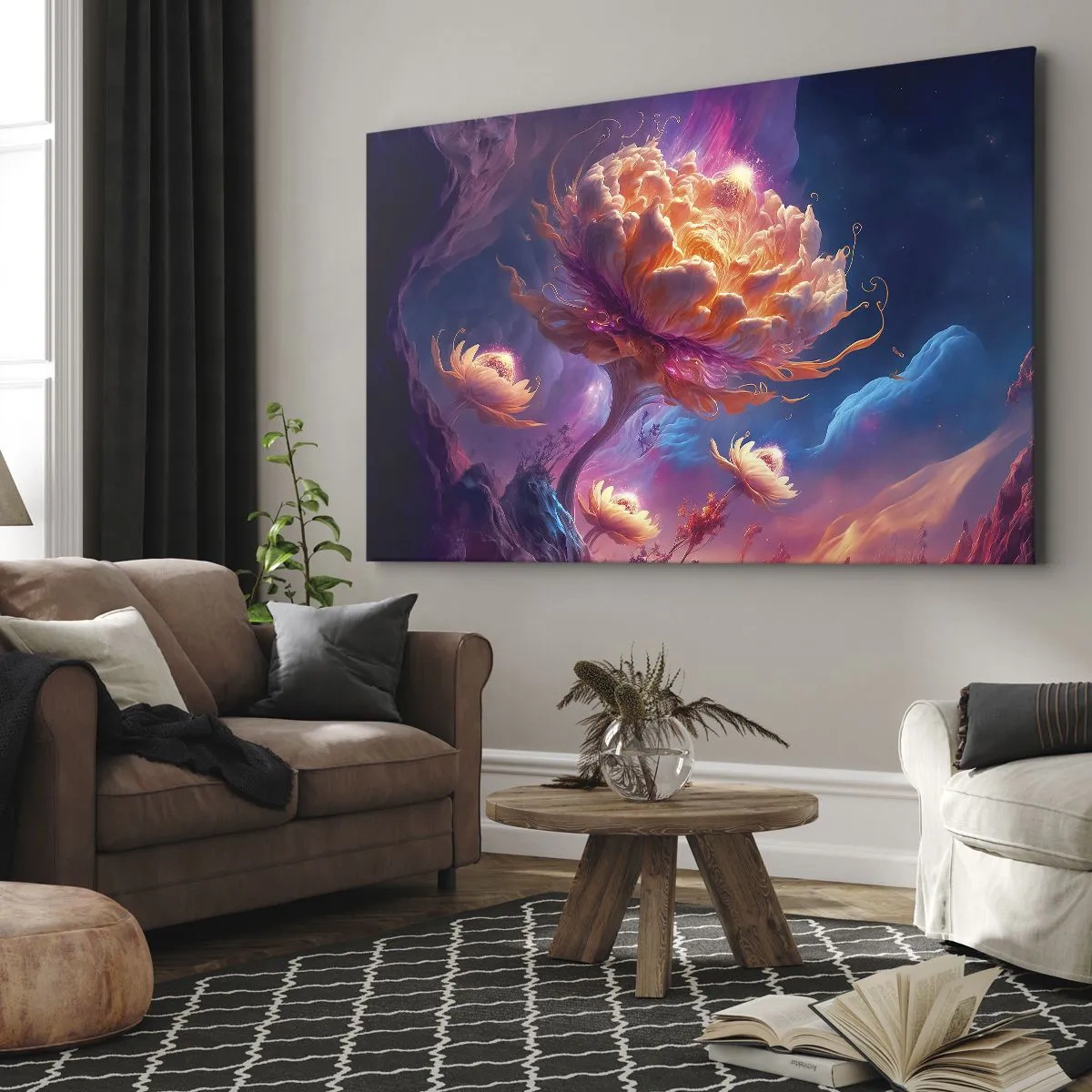 Schilderen op canvas - Fantasiebloemen in een kosmisch landschap - 70x50cm - Andere wereld - Moderne wanddecoratie voor woonkamer en slaapkamer ARTTOR
