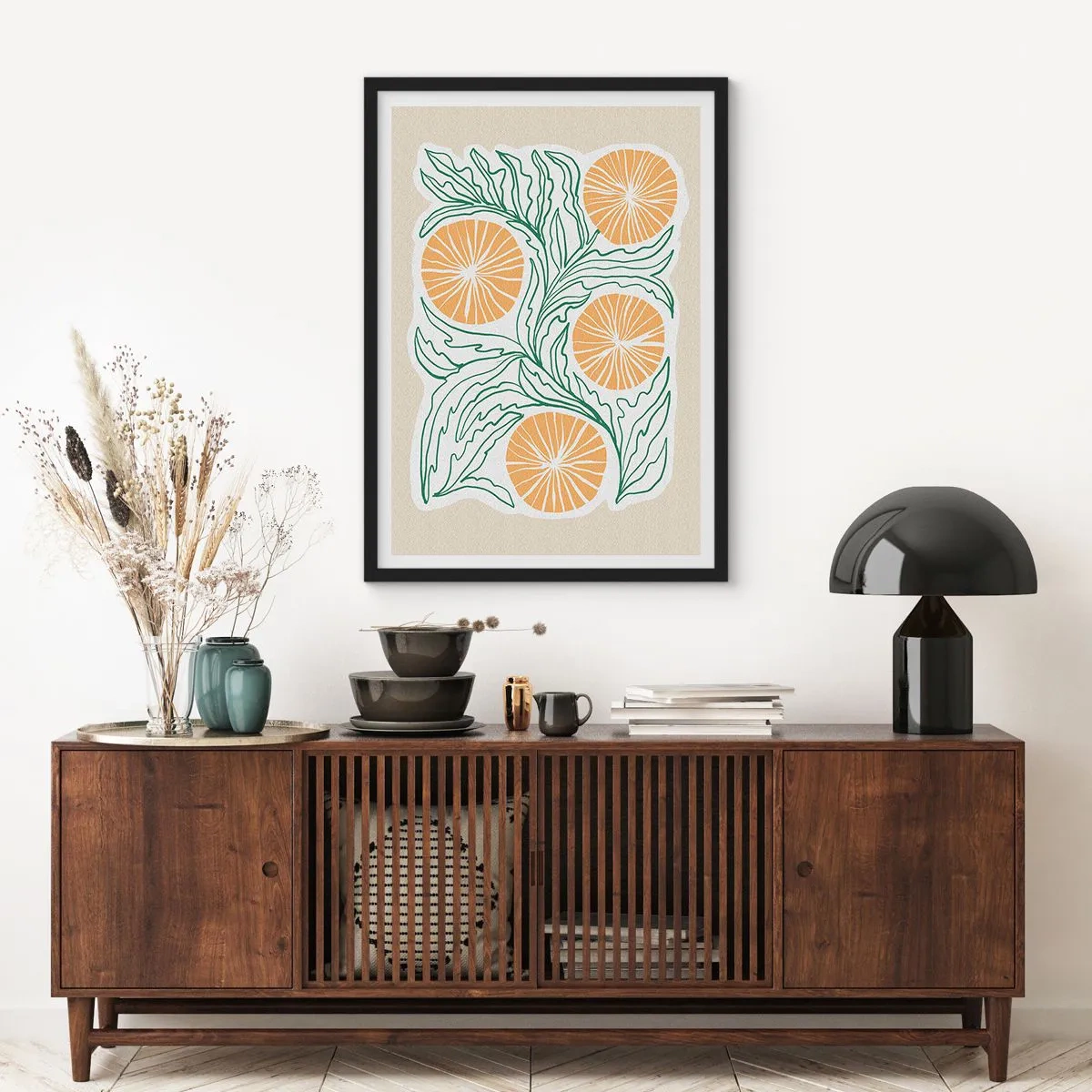 Poster in een zwarte lijst - Abstracte compositie van bladeren en sinaasappels op een beige achtergrond - 50x70cm - Etnisch met een vleugje abstractie - Moderne wanddecoratie voor woonkamer en slaapkamer ARTTOR
