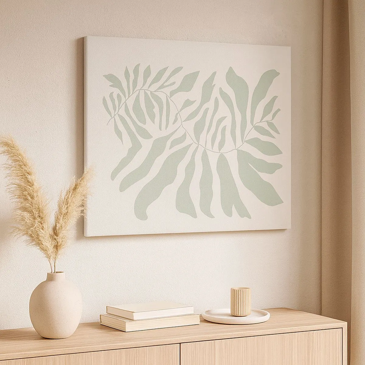 Schilderen op canvas - Een delicaat takjespatroon met bladeren in een smaragdgroene tint - 70x50cm - Smaragdgroene tak - Moderne wanddecoratie voor woonkamer en slaapkamer ARTTOR