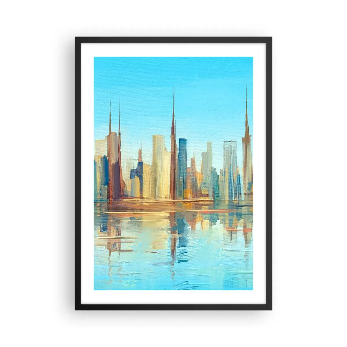 Poster in een zwarte lijst - Kleurrijk stadspanorama met weerspiegeling in het water - 50x70cm - Een zonnige metropool - Moderne wanddecoratie voor woonkamer en slaapkamer ARTTOR