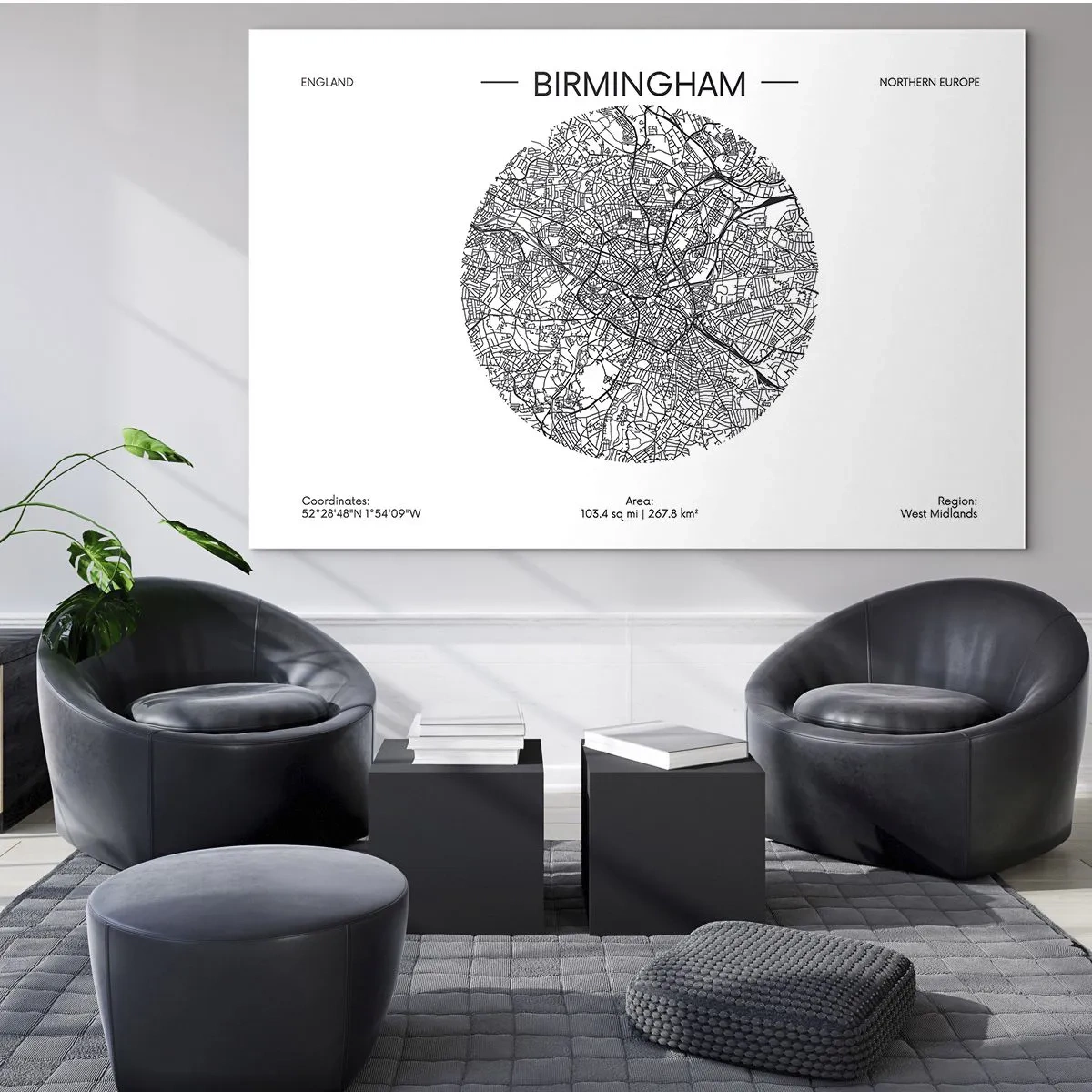 Schilderen op glas - Zwart-witkaart van Birmingham in een moderne grafische stijl - 70x50cm - Anatomie van Birmingham - Moderne wanddecoratie voor woonkamer en slaapkamer ARTTOR