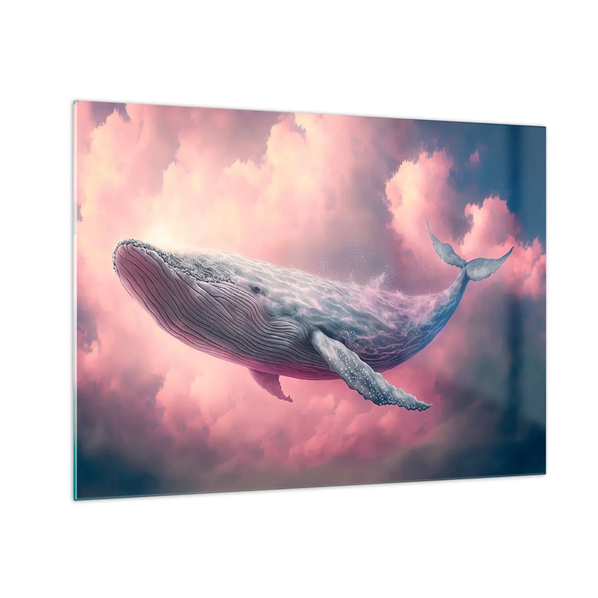 Schilderen op glas - Een walvis die in de wolken zweeft met een roze gloed - 70x50cm - Wrijf over je ogen - Moderne wanddecoratie voor woonkamer en slaapkamer ARTTOR