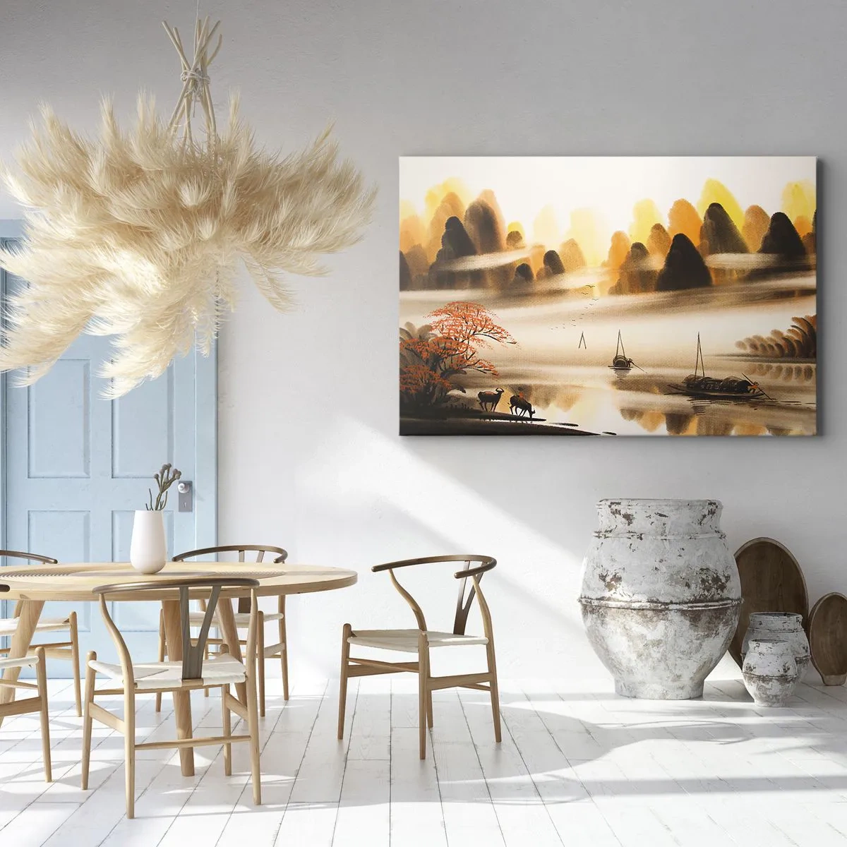 Schilderen op canvas - Een oosters landschap met een rivier, bergen en een zachte mist. - 70x50cm - Verder dan het Verre Oosten - Moderne wanddecoratie voor woonkamer en slaapkamer ARTTOR