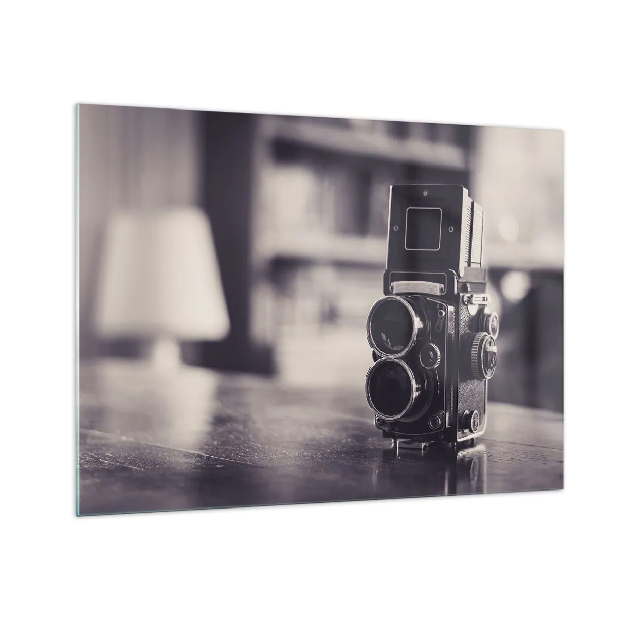 Schilderen op glas - Zwart-witfoto van een antieke camera - 70x50cm - De magie van oude fotografie - Moderne wanddecoratie voor woonkamer en slaapkamer ARTTOR