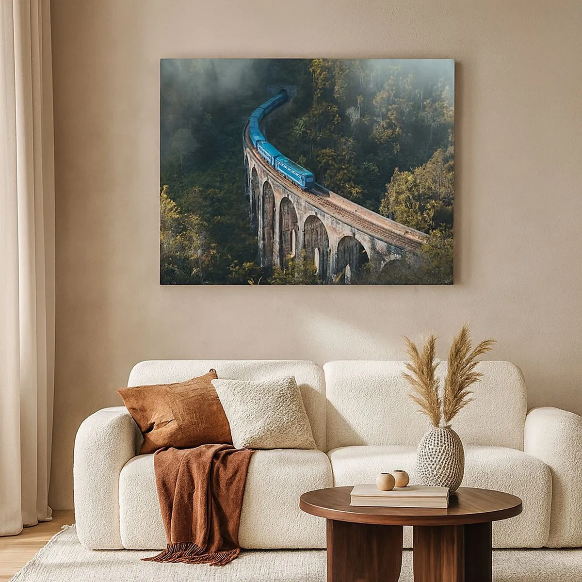 Schilderen op canvas - Een blauwe trein op een historisch viaduct tussen de bossen - 70x50cm - Neiging tot natuur - Moderne wanddecoratie voor woonkamer en slaapkamer ARTTOR