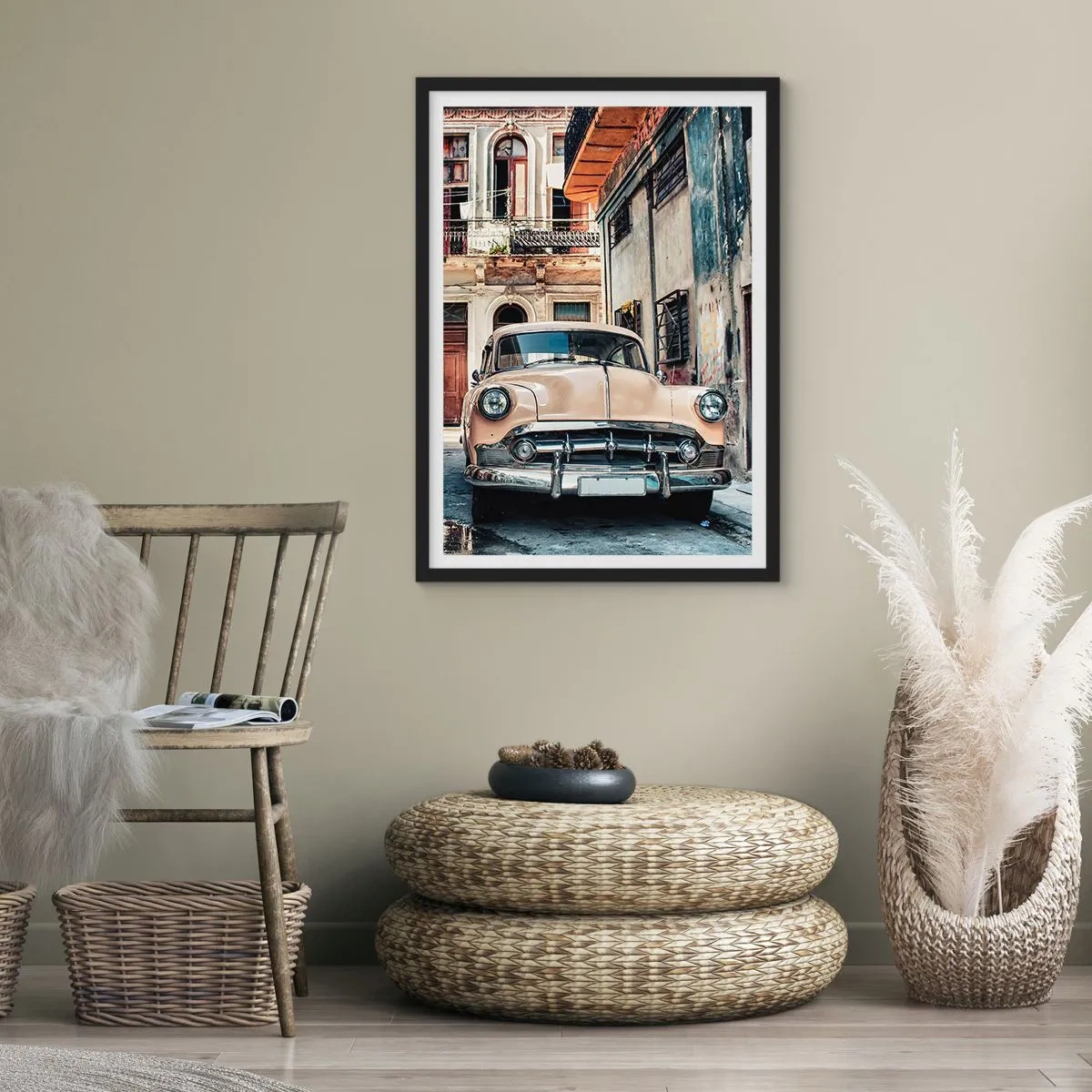Poster in een zwarte lijst - Een klassieke auto in een retro-stedelijke omgeving - 50x70cm - De siësta in Havana - Moderne wanddecoratie voor woonkamer en slaapkamer ARTTOR