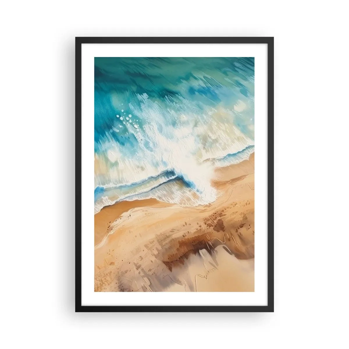 Poster in een zwarte lijst - Een abstract tafereel van een golf die op de kust beukt, in de kleuren turquoise en zand. - 50x70cm - De terugkerende golf - Moderne wanddecoratie voor woonkamer en slaapkamer ARTTOR