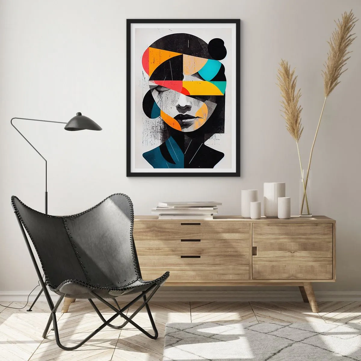 Poster in een zwarte lijst - Interieurportret, veelkleurig, gestileerd abstract portret van een vrouw - 50x70cm - Veelkleurig innenportret - Moderne wanddecoratie voor woonkamer en slaapkamer ARTTOR