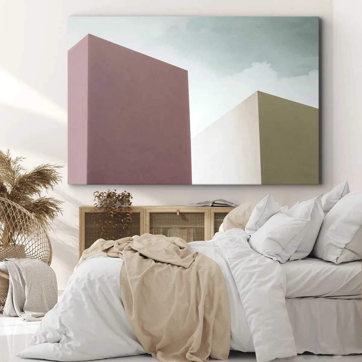 Schilderen op canvas - Minimalistische architectuur met pastelkleurige blokken en lucht - 70x50cm - De geometrie van een zonnige zomer - Moderne wanddecoratie voor woonkamer en slaapkamer ARTTOR