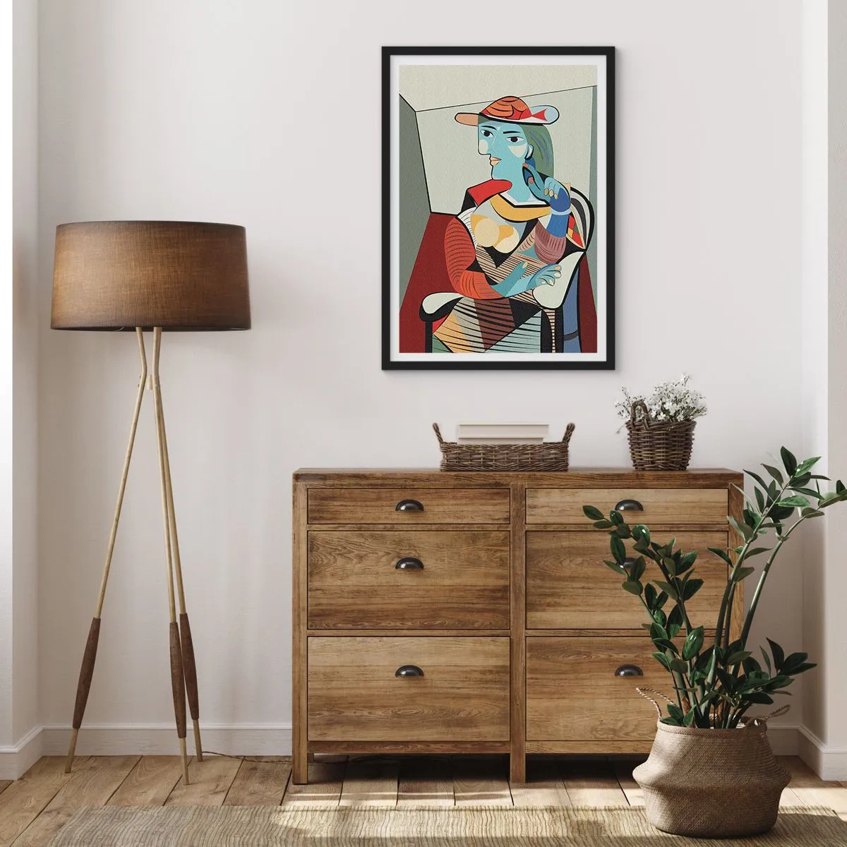 Poster in een zwarte lijst - Kubistisch portret van een vrouw met een hoed - 50x70cm - Door de ogen van Picasso - Moderne wanddecoratie voor woonkamer en slaapkamer ARTTOR