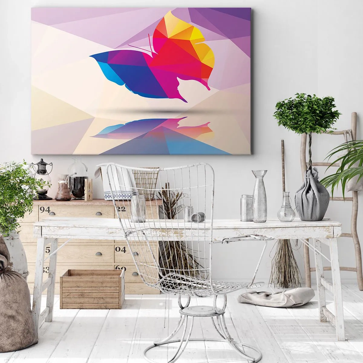 Schilderen op canvas - Geometrisch vlindersilhouet in levendige kleuren - 70x50cm - Vlinder regenboog - Moderne wanddecoratie voor woonkamer en slaapkamer ARTTOR