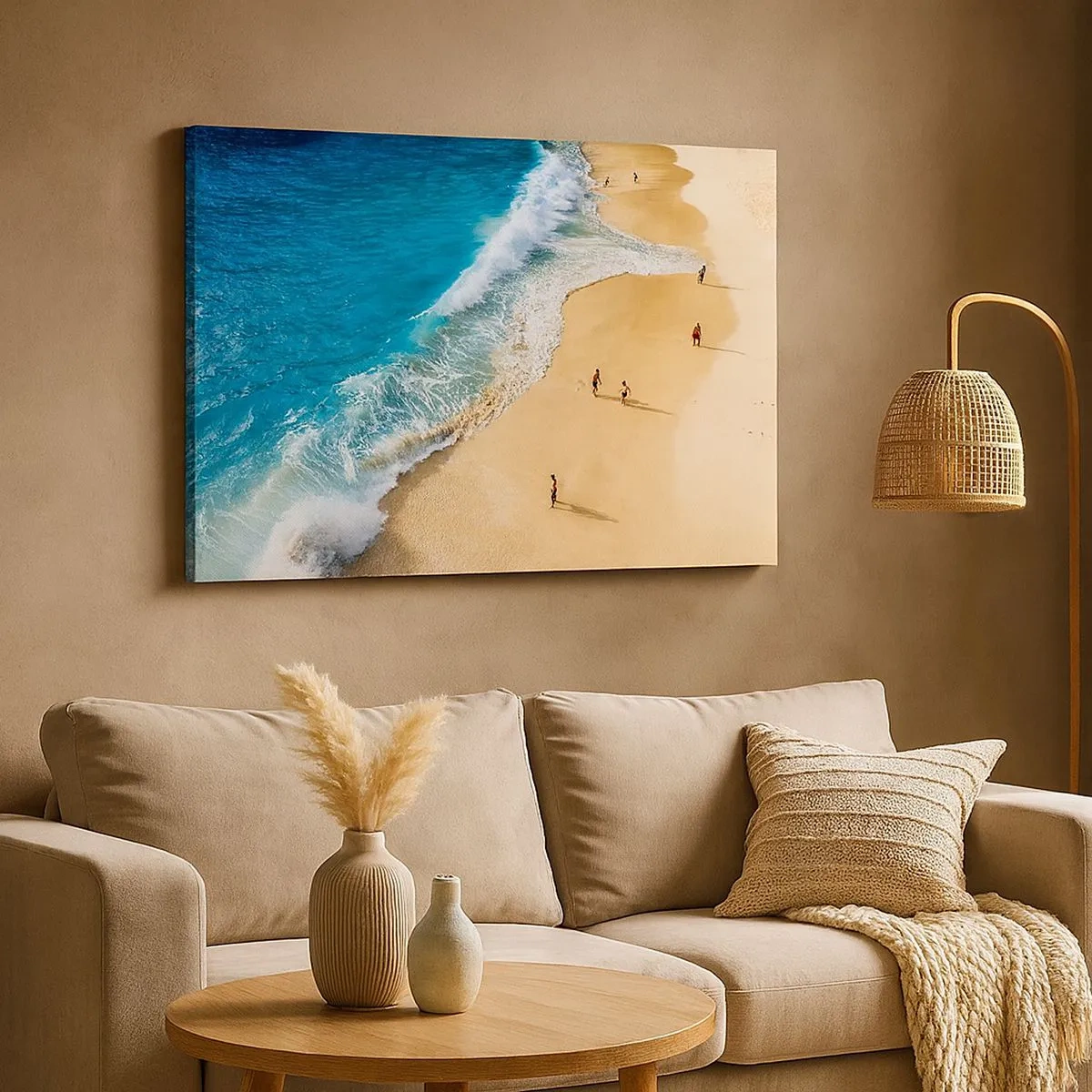 Schilderen op canvas - Een strand met turquoise water en mensen die rondlopen - 70x50cm - En dan de zon, het strand… - Moderne wanddecoratie voor woonkamer en slaapkamer ARTTOR
