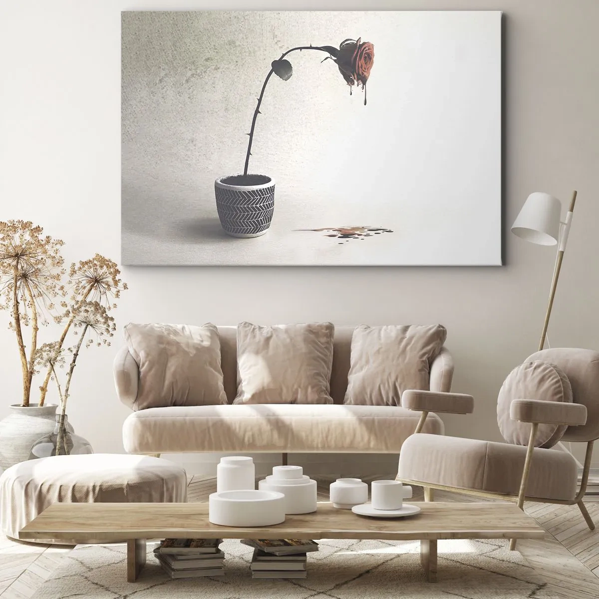 Schilderen op canvas - Een rode roos in een pot met druppels kleurstof op een witte achtergrond - 70x50cm - Rosa dolorosa - Moderne wanddecoratie voor woonkamer en slaapkamer ARTTOR