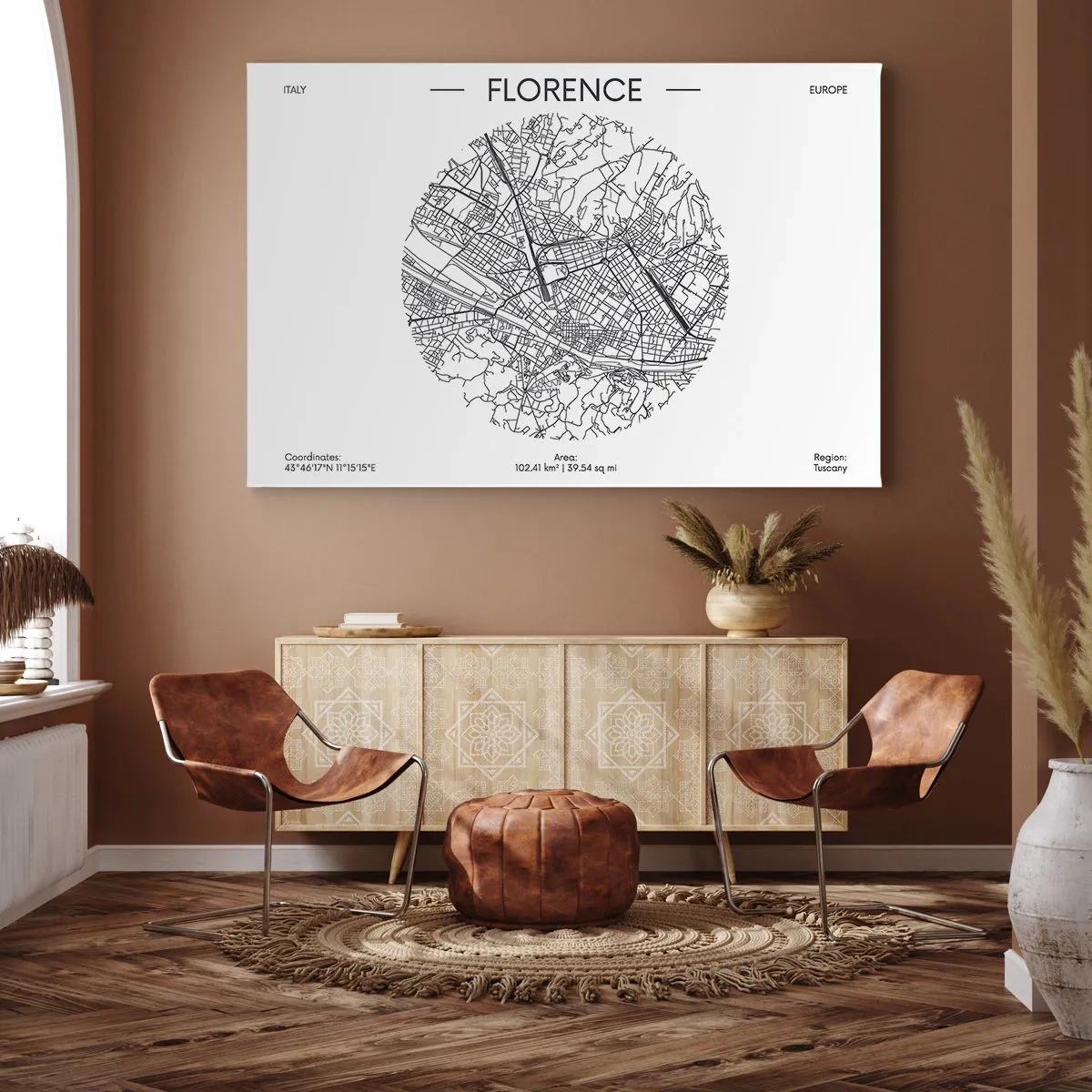 Schilderen op canvas - Een kaart van Florence in minimalistische zwart-witstijl - 70x50cm - Anatomie van Florencia - Moderne wanddecoratie voor woonkamer en slaapkamer ARTTOR