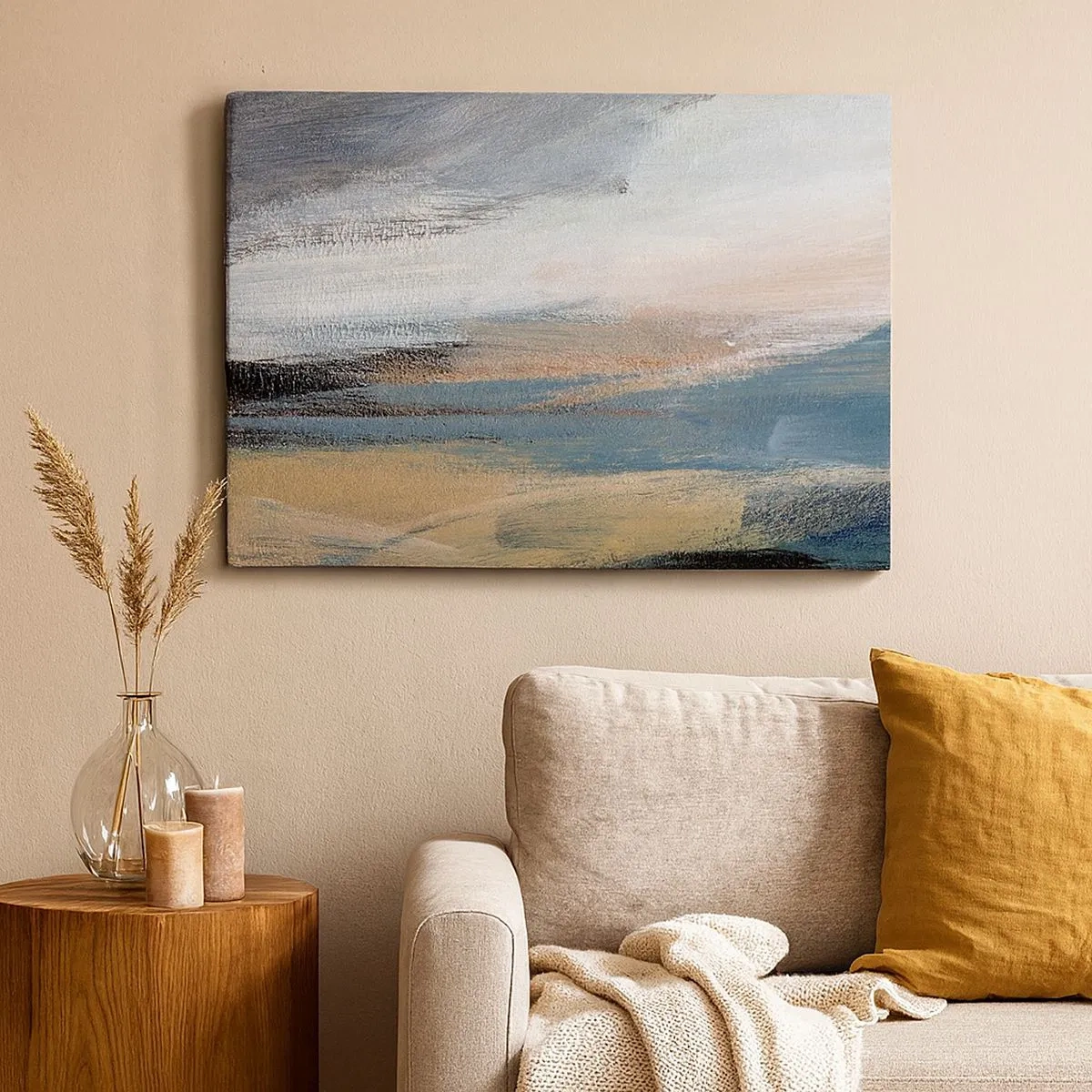 Schilderen op canvas - Abstract landschap in gedempte tinten blauw en beige - 70x50cm - Abstractie: noordelijk landschap - Moderne wanddecoratie voor woonkamer en slaapkamer ARTTOR