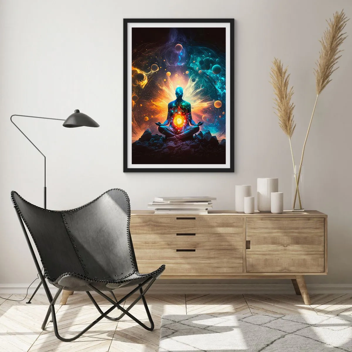 Poster in een zwarte lijst - Een mediterende figuur in een kosmische aura vol energie - 50x70cm - Kosmische vrede - Moderne wanddecoratie voor woonkamer en slaapkamer ARTTOR