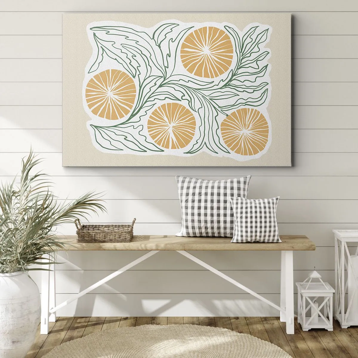 Schilderen op canvas - Een minimalistisch oranje motief met groene bladeren - 70x50cm - Etnisch met een vleugje abstractie - Moderne wanddecoratie voor woonkamer en slaapkamer ARTTOR