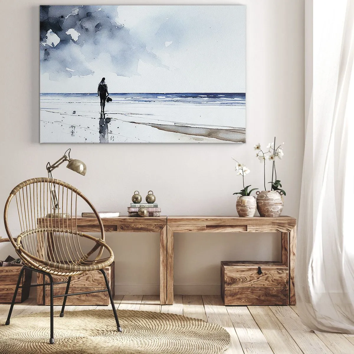 Schilderen op canvas - Een figuur op een strand in een kalme zeeomgeving - 70x50cm - Gesprek met de zee - Moderne wanddecoratie voor woonkamer en slaapkamer ARTTOR