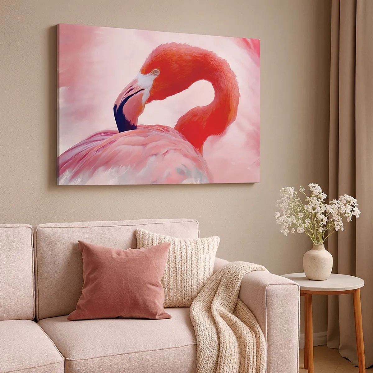 Schilderen op canvas - Een flamingo in roze tinten op een lichte achtergrond - 70x50cm - Vogel schoonheid - Moderne wanddecoratie voor woonkamer en slaapkamer ARTTOR