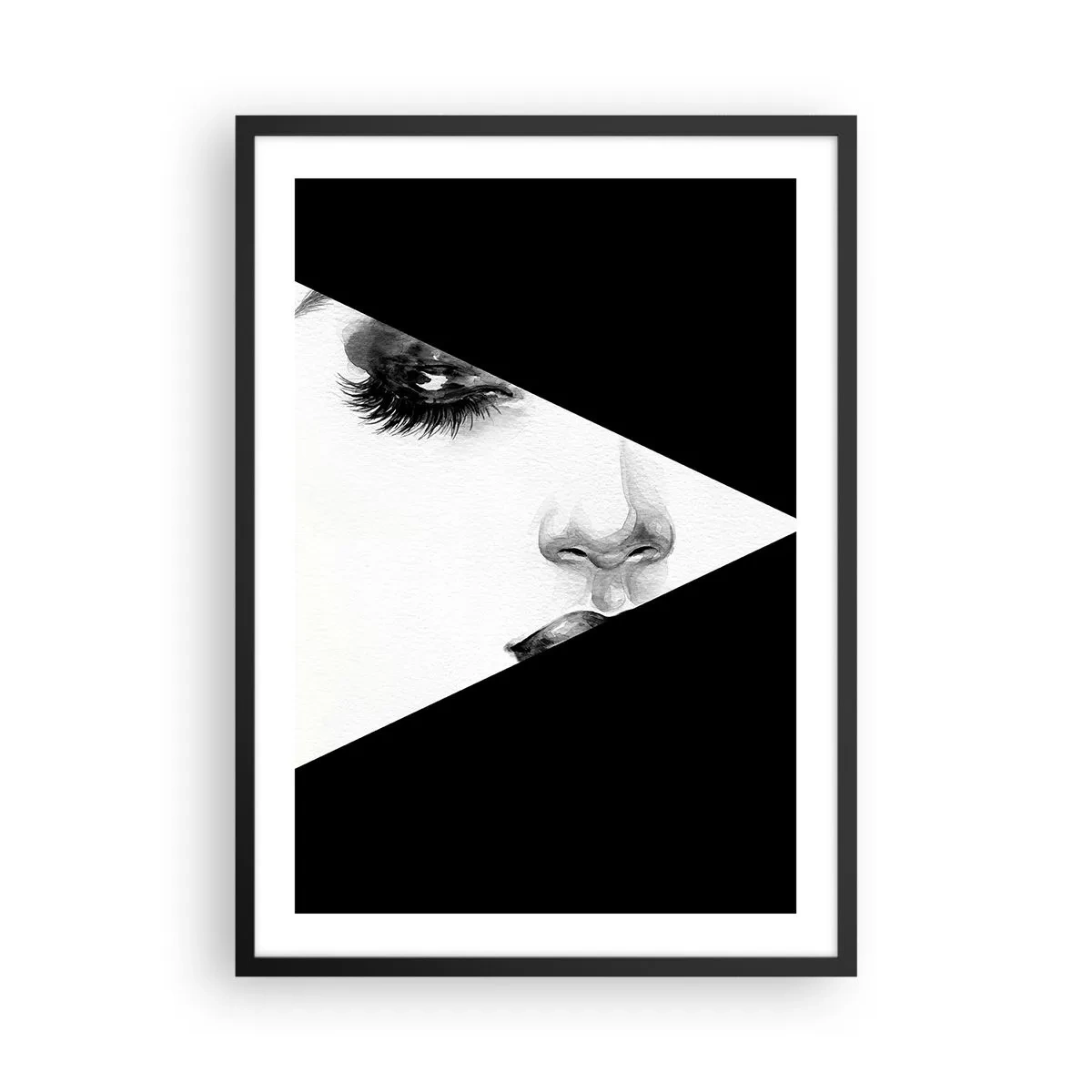 Poster in een zwarte lijst - Een minimalistisch portret van een vrouw, in zwart-wit met een geometrische indeling. - 50x70cm - Altijd niet ontdekt - Moderne wanddecoratie voor woonkamer en slaapkamer ARTTOR