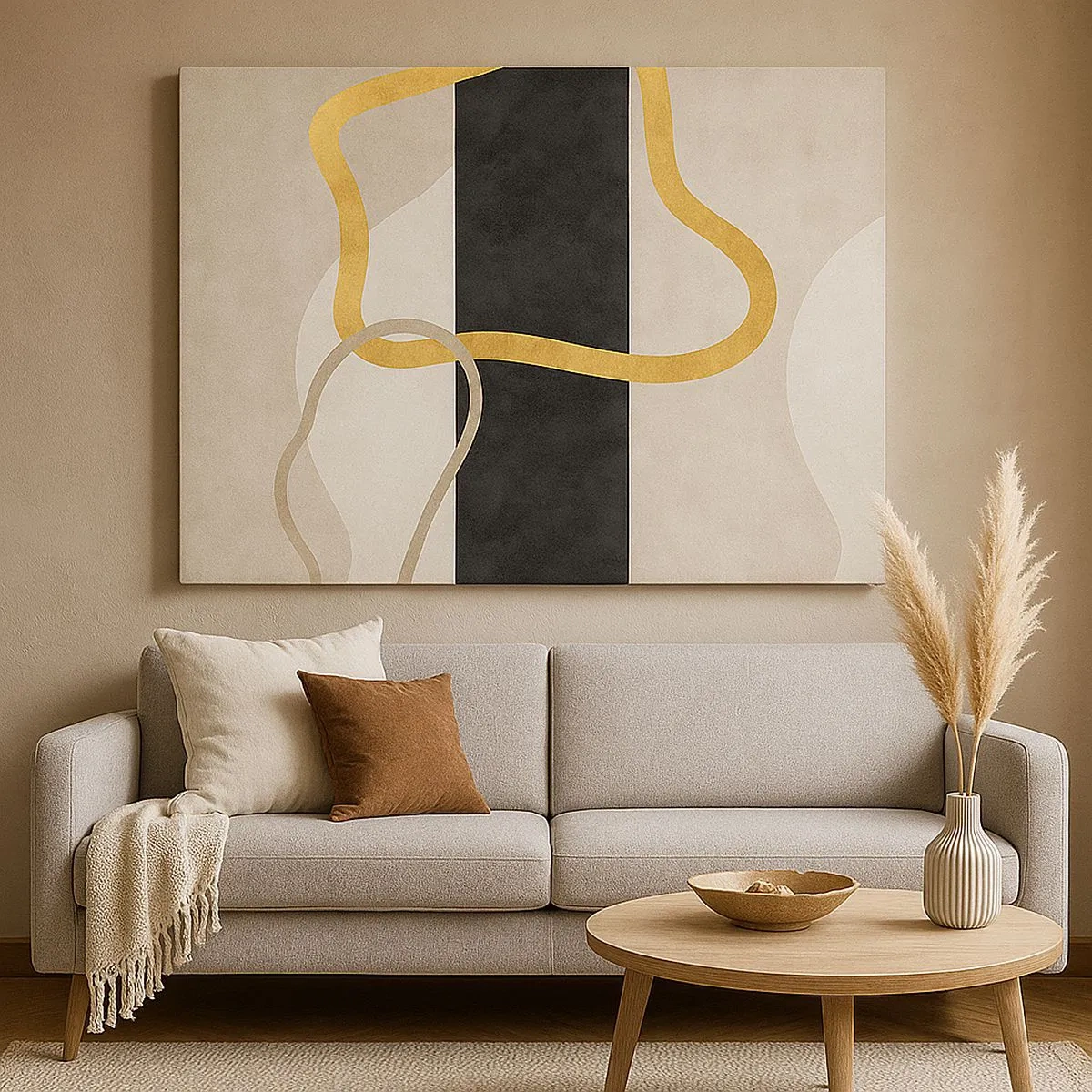 Schilderen op canvas - Een minimalistisch ontwerp met lusvormen in goud en zwart. - 70x50cm - Verwarde vormen - Moderne wanddecoratie voor woonkamer en slaapkamer ARTTOR
