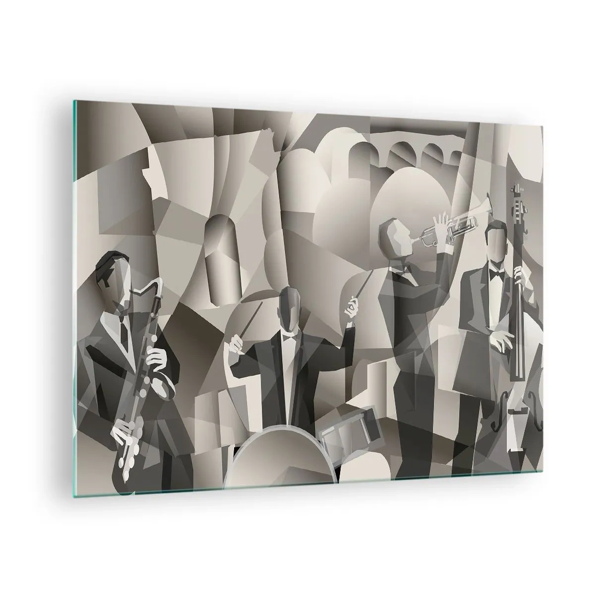 Schilderen op glas - Gestileerd jazzbandpodium in monochrome tinten - 70x50cm - In de ruimte van geluiden - Moderne wanddecoratie voor woonkamer en slaapkamer ARTTOR