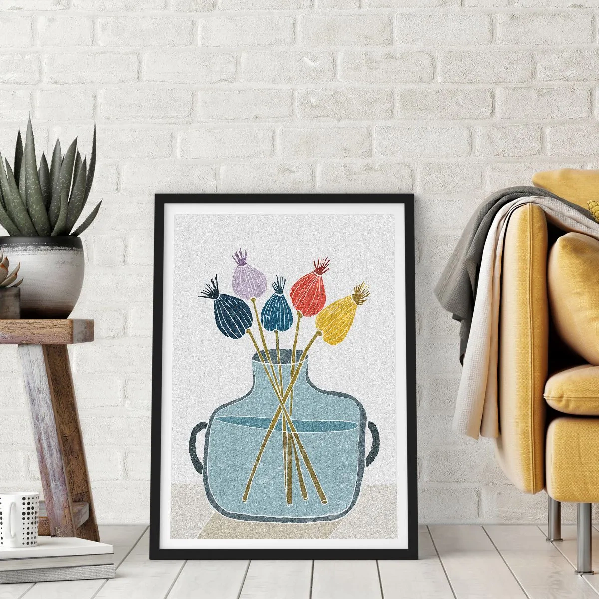 Poster in een zwarte lijst - Een minimalistische compositie van klaprozen in een glazen vaas - 50x70cm - Alsof hij met maanzaad heeft gezaaid - Moderne wanddecoratie voor woonkamer en slaapkamer ARTTOR