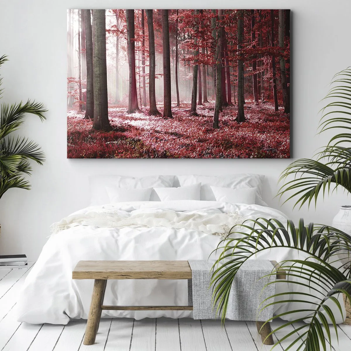 Schilderen op canvas - Een prachtig bos in rode tinten met lichtstralen die door de bomen heen dringen - 70x50cm - Rood is net zo mooi - Moderne wanddecoratie voor woonkamer en slaapkamer ARTTOR
