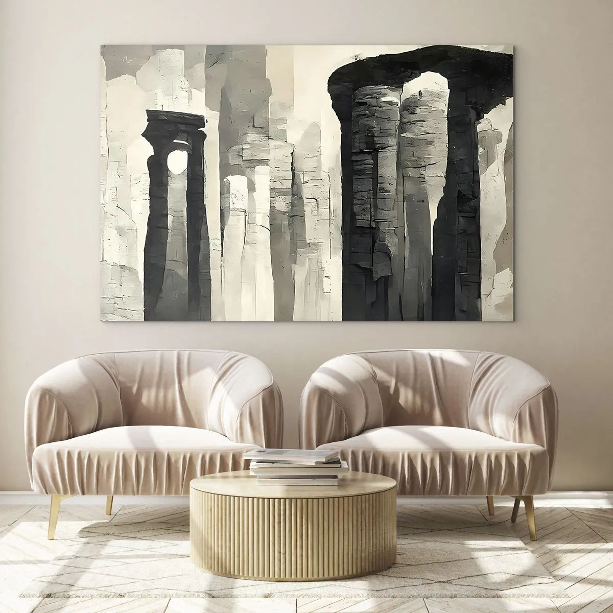 Schilderen op glas - Antieke stenen zuilen in een neutraal kleurenpalet - 70x50cm - De majesteit van de oudheid - Moderne wanddecoratie voor woonkamer en slaapkamer ARTTOR
