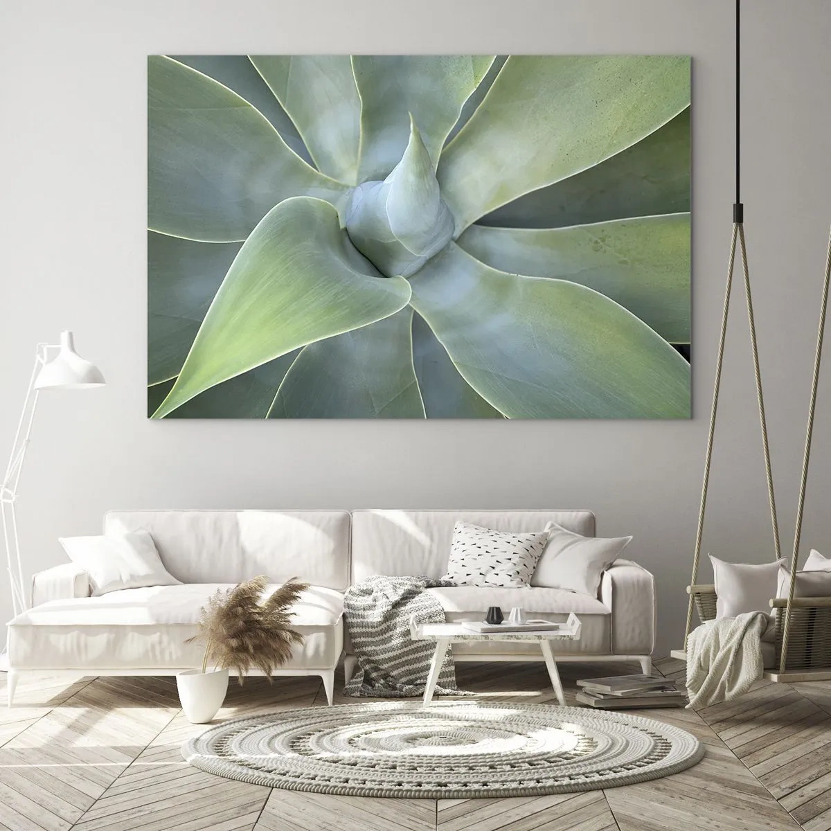 Schilderen op glas - Macrofotografie van een groene plant met spiraalvormige bladeren - 70x50cm - De geboorte van groen - Moderne wanddecoratie voor woonkamer en slaapkamer ARTTOR
