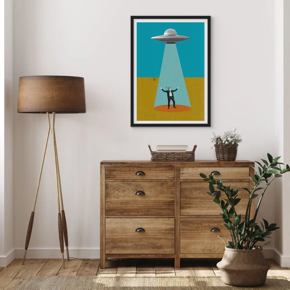 Poster in een zwarte lijst - Retro-illustratie van een UFO-ontvoering - 50x70cm - Een nauwe ontmoeting - Moderne wanddecoratie voor woonkamer en slaapkamer ARTTOR