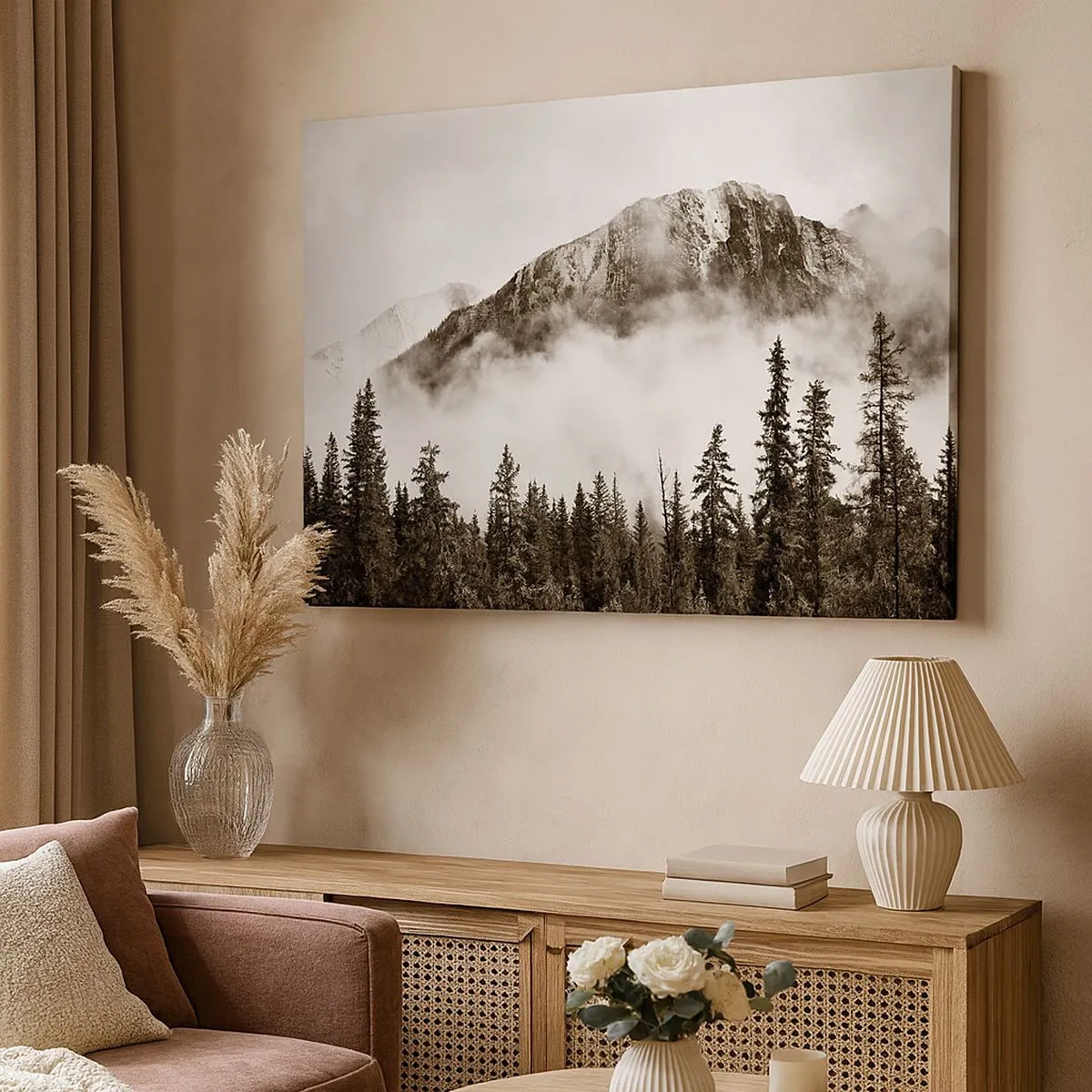 Schilderen op canvas - Een pittoreske bergtop omgeven door mist en een sepiakleurig bos - 70x50cm - Granieten liniaal - Moderne wanddecoratie voor woonkamer en slaapkamer ARTTOR