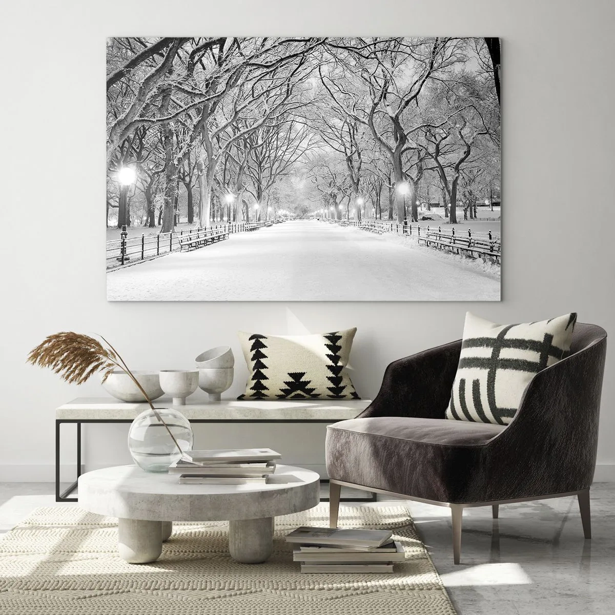 Schilderen op glas - Winterboompad in het park met lichtjes en sneeuw - 70x50cm - Vier seizoenen - winter - Moderne wanddecoratie voor woonkamer en slaapkamer ARTTOR